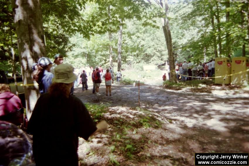 The view of the crowd gathered at the Stoney Creek crossing, the finish of SS1.