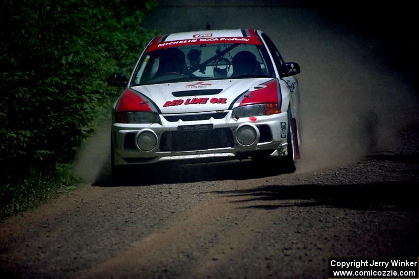 Garen Shrader / Doc Schrader Mitsubishi Lancer Evo IV at speed on SS4, Cedar Run.