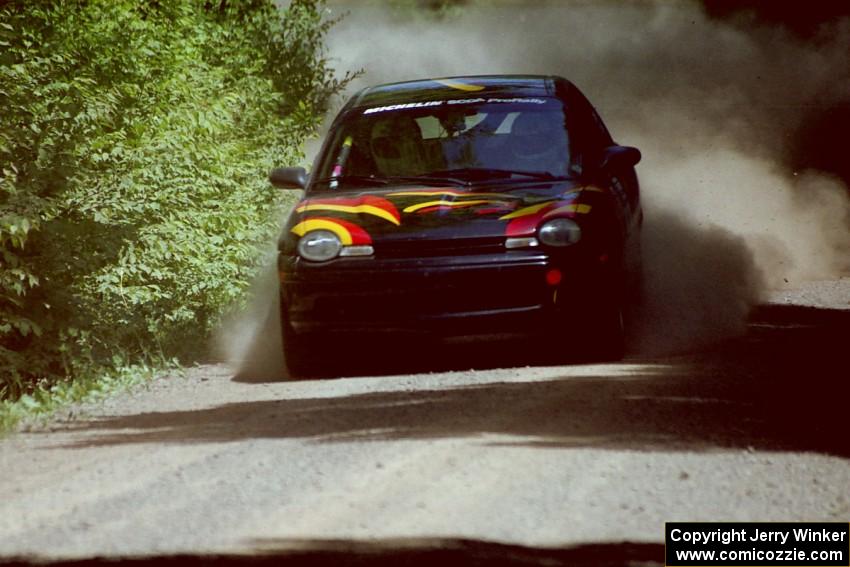 Evan Moen / Tom Young  Plymouth Neon ACR at speed on SS4, Cedar Run.