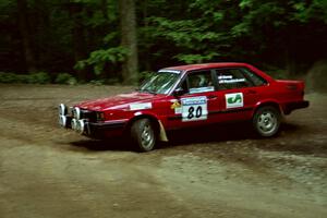 Jon Kemp / Rod Hendricksen Audi 4000 Quattro at a hairpin on SS5, Thompson Point I.