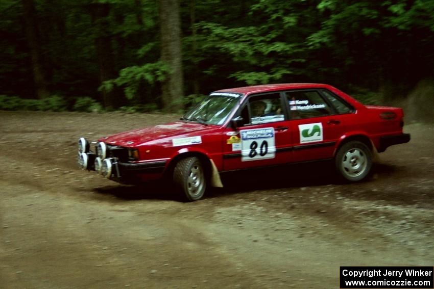 Jon Kemp / Rod Hendricksen Audi 4000 Quattro at a hairpin on SS5, Thompson Point I.