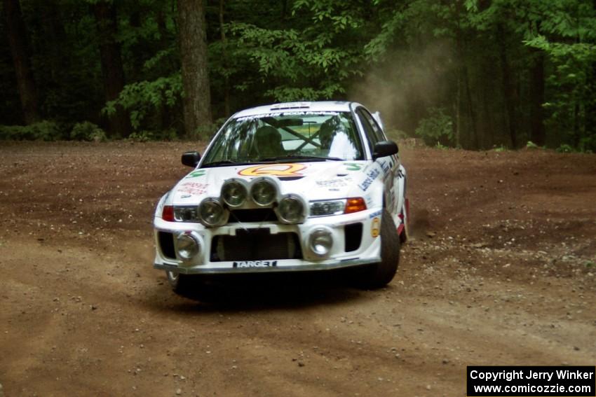 Gabriel Marin-Ortiz / Mark Williams Mitsubishi Lancer Evo V at a hairpin on SS5, Thompson Point I.