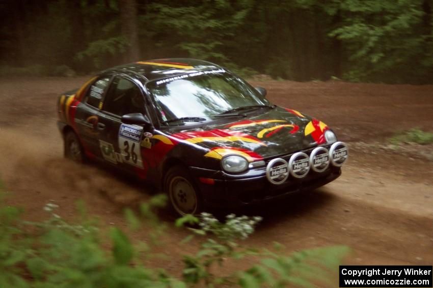 Evan Moen / Tom Young  Plymouth Neon ACR powers out of a hairpin on SS5, Thompson Point I.