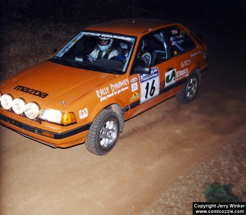 Gail Truess / Pattie Hughes Mazda 323GTX at the flying finish of SS9, Cushman-Run Randall II.