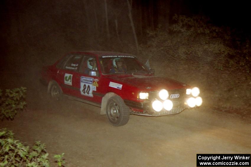 Jon Kemp / Rod Hendricksen Audi 4000 Quattro at the flying finish of SS13, Painter Run.