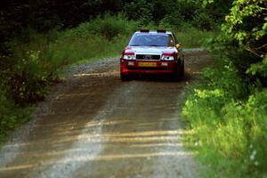 John Rek / Constantine Mantopoulos Audi S2 Quattro at speed on SS3, Grafton I.