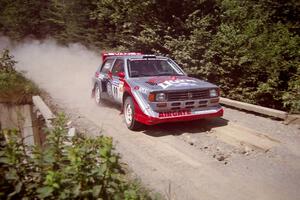 Sakis Hadjiminas / Brian Maxwell Volkswagen Fox Kit Car at speed over a bridge on SS5, Magalloway North.