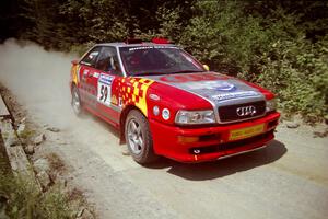John Rek / Constantine Mantopoulos Audi S2 Quattro at speed over a bridge on SS5, Magalloway North.