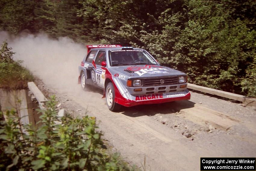 Sakis Hadjiminas / Brian Maxwell Volkswagen Fox Kit Car at speed over a bridge on SS5, Magalloway North.