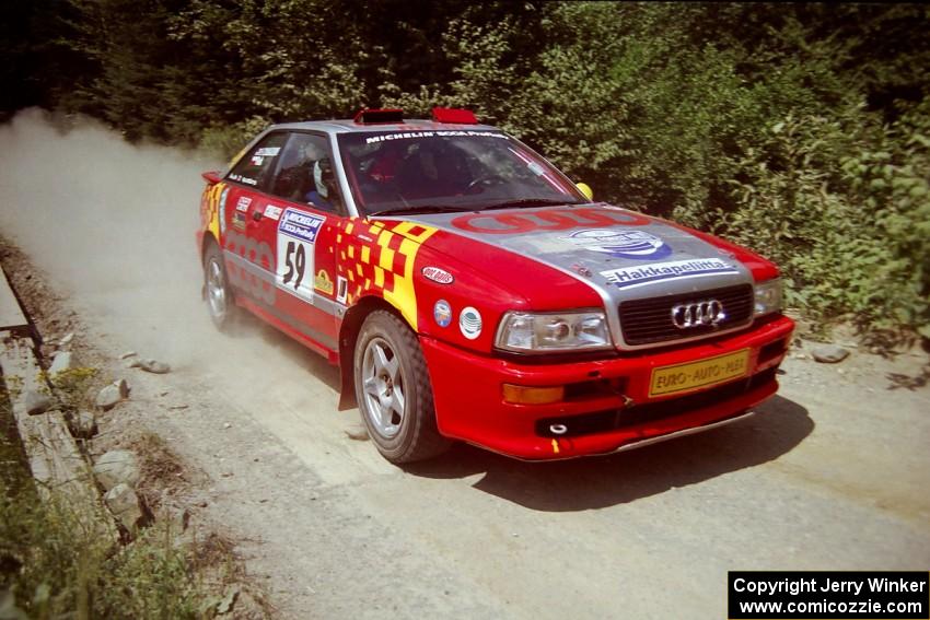 John Rek / Constantine Mantopoulos Audi S2 Quattro at speed over a bridge on SS5, Magalloway North.