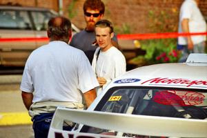 Stig Blomqvist chats with fans at parc expose prior to SS11, Rumford.