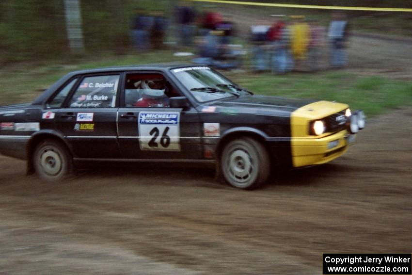 Mike Burke / Craig Belcher go a little wide at the crossroads spectator location in their Audi 4000 Quattro.