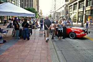 The Mark Utecht / Rob Bohn Ford Mustang and the Rally-America store tent on the Nicollet Mall (1).