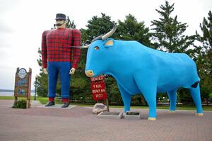 The world-famous Paul Bunyan and Babe the Blue Ox statues.