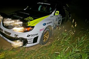 Ken Block / Alex Gelsomino nicely apex a left-hander on SS6 in their Subaru WRX STi.