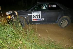 Jaroslaw Sozanski / Bartosz Sawicki drift through a corner on SS6 in their Subaru WRX.