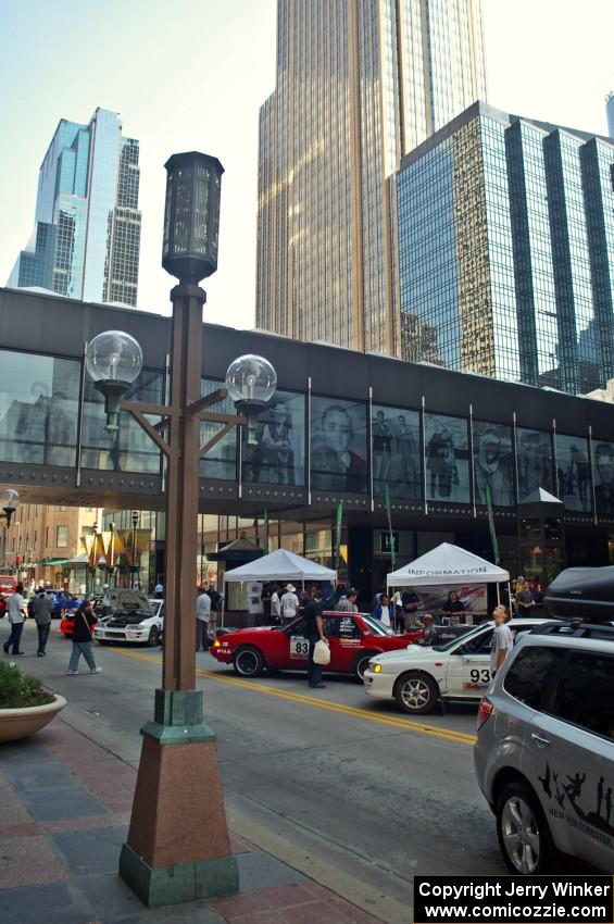 Rally cars on display in Downtown Minneapolis on the Nicollet Mall.