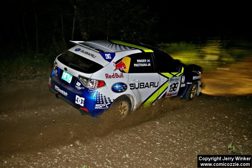 Travis Pastrana / Derek Ringer at hard left on SS5 in their Subaru WRX STi.