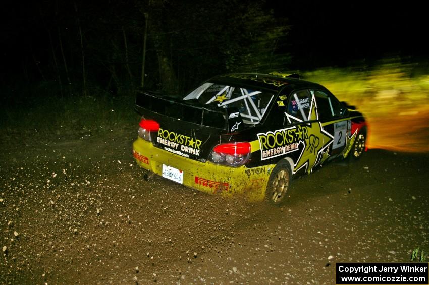 Andy Pinker / Robbie Durant at speed through a left-hander on SS5 in their Subaru WRX STi.