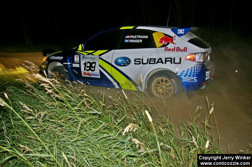 Travis Pastrana / Derek Ringer at a 90-left on SS6 in their Subaru WRX STi