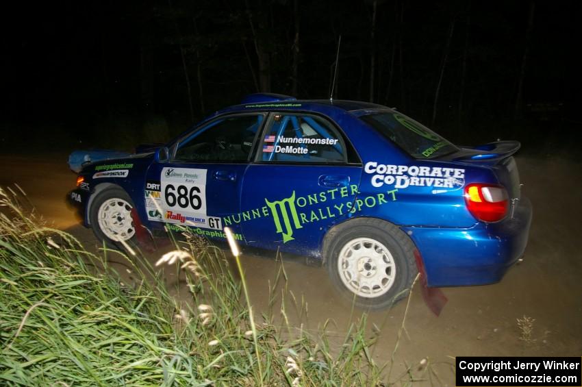 Heath Nunnemacher / Kim DeMotte drift through a left-hander on SS6 in their Subaru WRX.