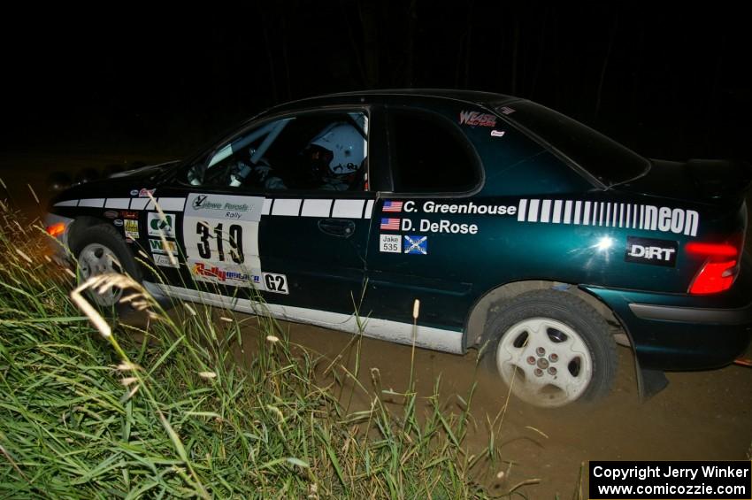 Chris Greenhouse / Don DeRose exit out of a left-hander on SS6 in their Plymouth Neon.