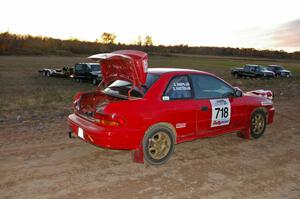 The Dustin Kasten / Dave Parps Subaru Impreza parked near the finish of the practice stage.