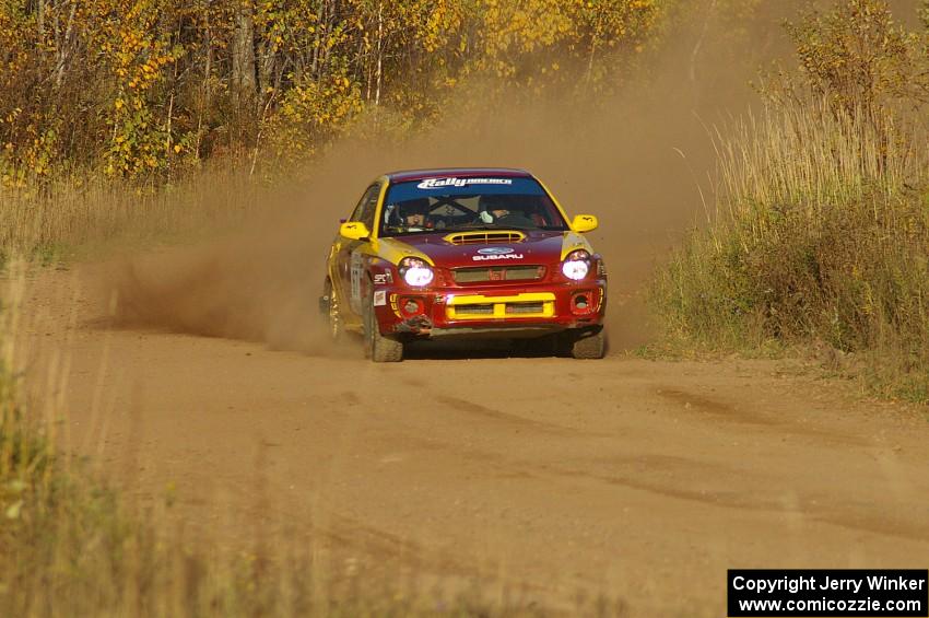 The Bryan Pepp / Jerry Stang Subaru WRX drifts through a fast sweeper on the practice stage.