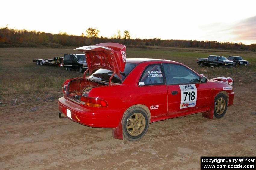 The Dustin Kasten / Dave Parps Subaru Impreza parked near the finish of the practice stage.