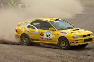 Kyle Sarasin / Mikael Johansson toss their Subaru Impreza into a hard left at the spectator point on SS1.