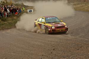 Bryan Pepp / Jerry Stang set up their Subaru WRX for a hard left at the spectator point on SS1.