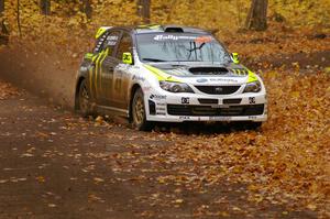 Ken Block / Alex Gelsomino make a picture-perfect drift on SS2, Beacon Hill, in their Subaru WRX STi.