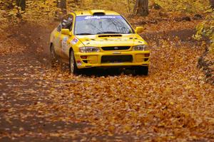 Kyle Sarasin / Mikael Johansson flog their Subaru Impreza out of a corner on SS2, Beacon Hill.