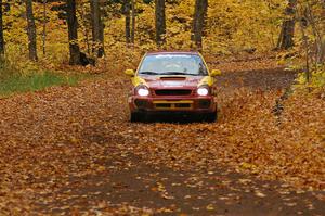 Bryan Pepp / Jerry Stang drift their Subaru WRX through one of the final corners of SS2, Beacon Hill.