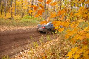 The Jaroslaw Sozanski / Bartosz Sawicki Subaru WRX at the finish finish of SS2, Beacon Hill.