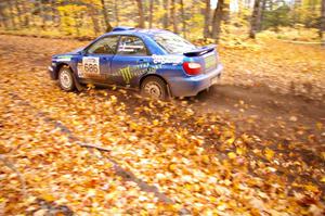Heath Nunnemacher / Travis Hanson throw up leaves in their Subaru WRX near the flying finish of SS2, Beacon Hill.