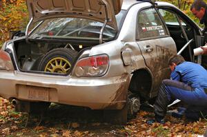 The Piotr Wiktorczyk / Alan Dolan Subaru WRX STi smacked a tree hard on SS2. Work is done to try to continue.