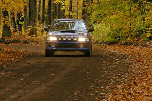 Kazimierz Pudelek / Lukasz Wronski at speed down a straight on SS2, Beacon Hill, in their Subaru Impreza.