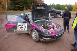 The Matt Johnston / Luke Wilcox Acura Integra sits by the side of the road with a blown engine at the end of SS2, Beacon Hill.