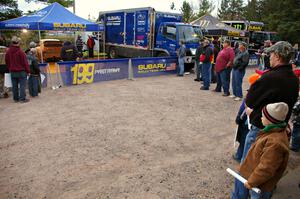 Eager fans await the Subaru WRX STi of Travis Pastrana / John Buffum to leave the first service in Kenton.