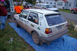 The Michel Hoche-Mong / Jimmy Brandt VW GTI gets serviced in Kenton after the first three stages of the day.