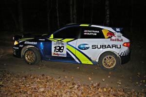 The Subaru WRX STi of Travis Pastrana / John Buffum comes into the flying finish of SS5.