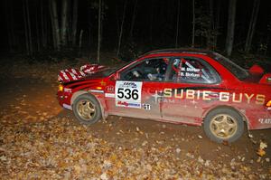 Matt Marker / Ben Slocum at speed near the finish of SS5 in their Subaru Impreza.