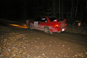 Dustin Kasten / Dave Parps blast through the finish of SS5 in their Subaru Impreza.