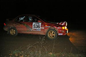 Matt Marker / Ben Slocum at the midpoint 90-right spectator point on SS7 in their Subaru Impreza.