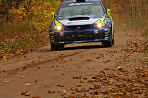 Travis Pastrana / John Buffum scream into the finish of SS10, Gratiot Lake 1, in their Subaru WRX STi.