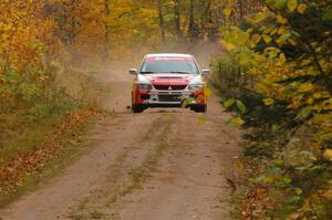 Arkadiusz Gruszka / Michal Chodan at speed into the flying finish of SS10, Gratiot Lake 1, in their Mitsubishi Lancer Evo 9.