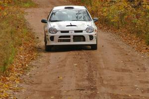 Zach Babcock / Jeff Miller come into the flying finish of SS10, Gratiot Lake 1, in their Dodge SRT-4.