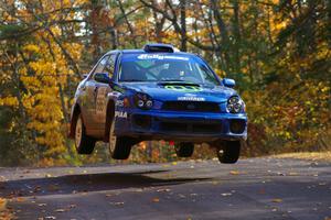 Heath Nunnemacher / Travis Hanson catch nice air at the midpoint jump on Brockway 1, SS13, in their Subaru WRX.