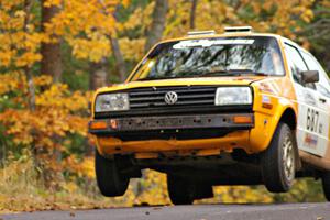 Chad Eixenberger / Jay Luikart prepare for liftoff in their VW Golf at the midpoint jump on Brockway 2, SS14.